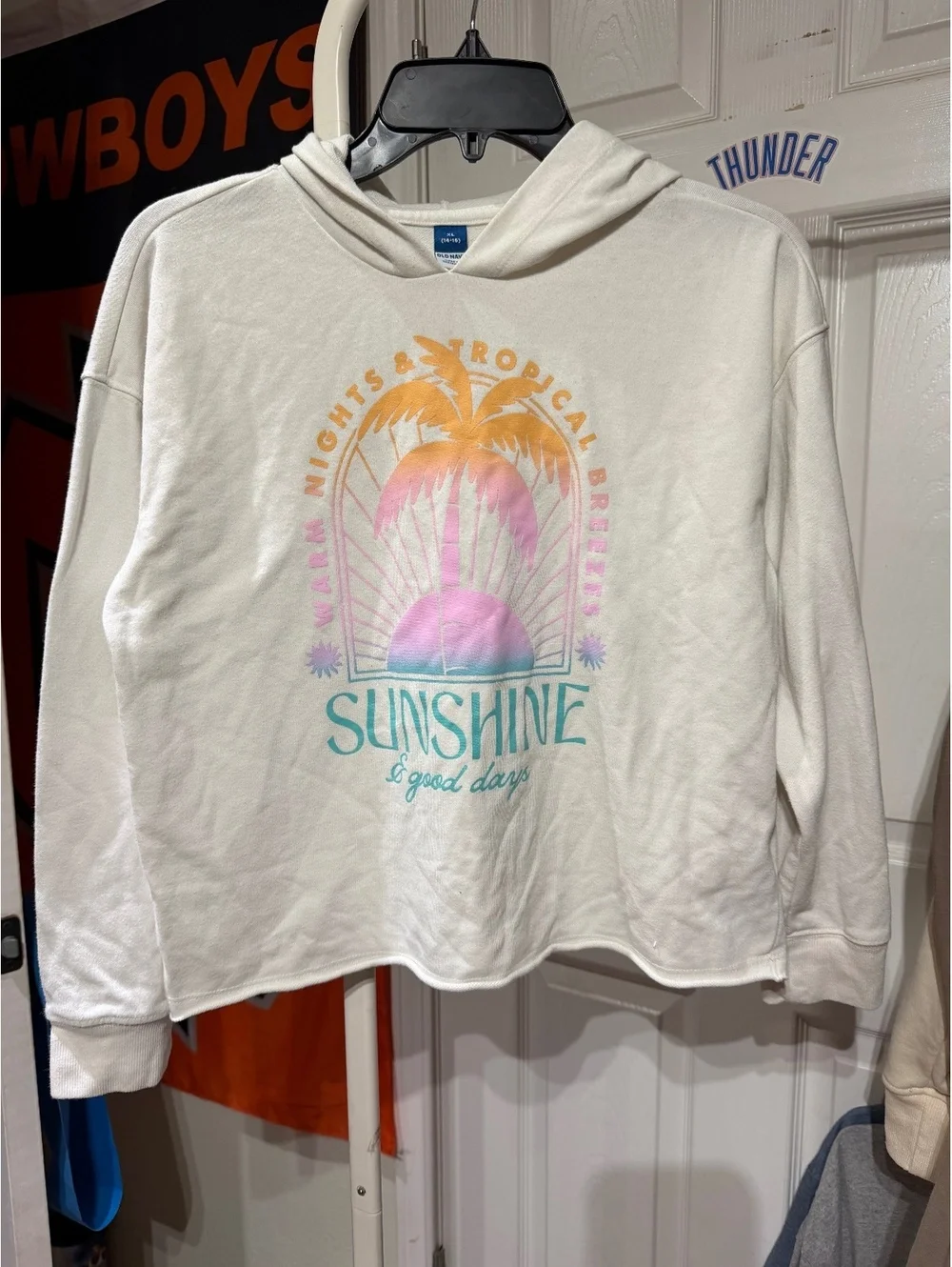 Old Navy XL (14-16) White Hoodie with Tropical Sunshine Graphic Print